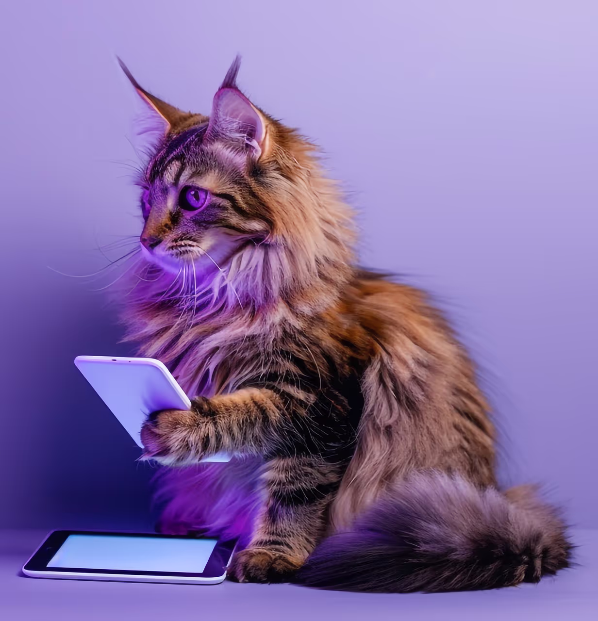 Gato sosteniendo una tablet